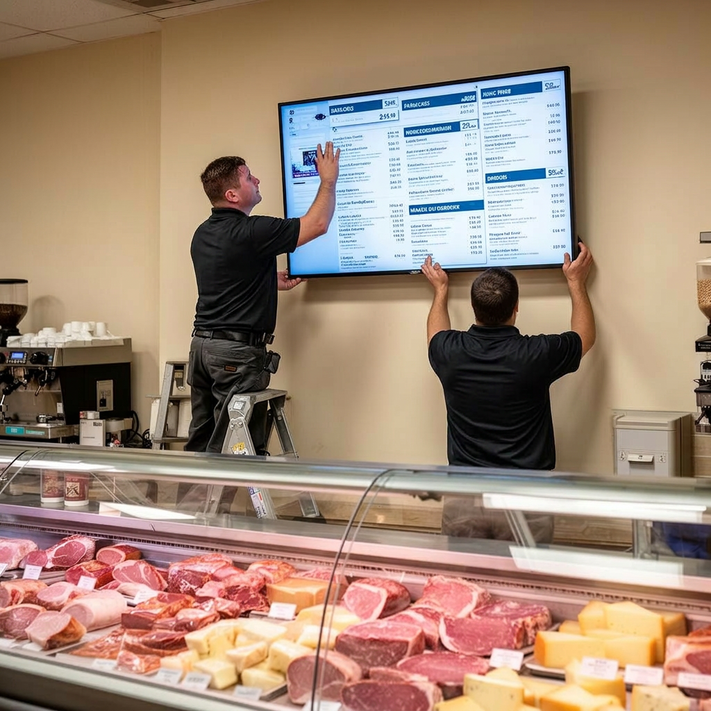 Two installers mounting a digital menu board behind a deli counter