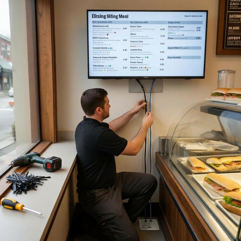 Installer routing HDMI and power cables behind freshly mounted deli menu screens