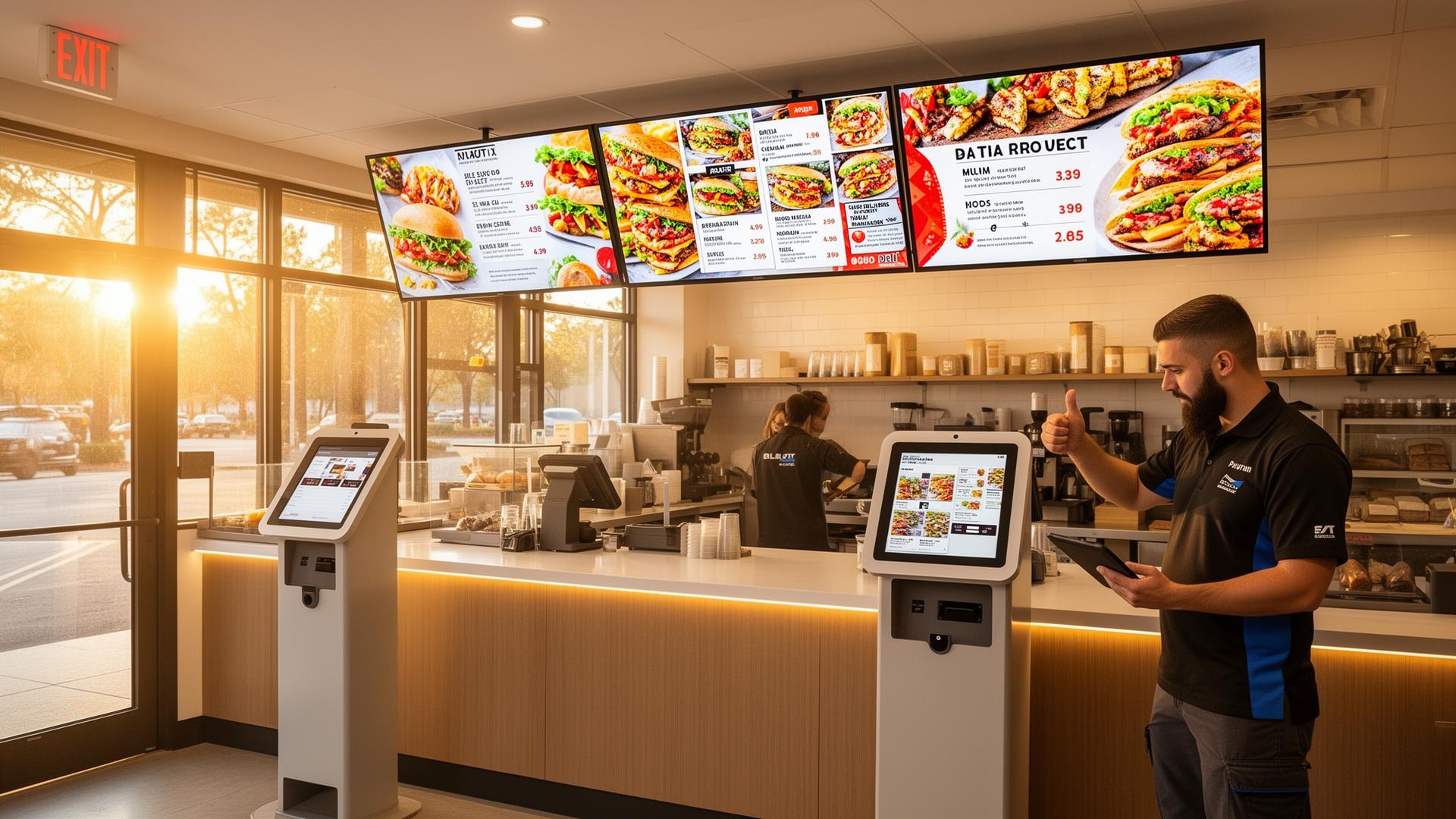Finished deli installation with digital menu boards and self-service kiosks
