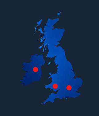 Map of the UK and Ireland showing Interactive Displays office locations in Ireland, Wales and England